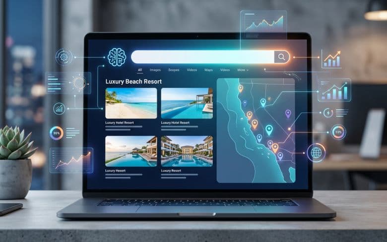 Laptop showing AI-assisted hotel search results