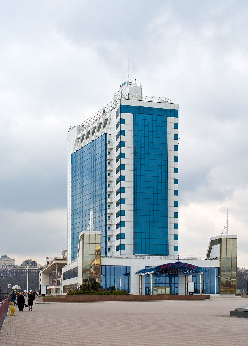 Hotel tower against a blue sky