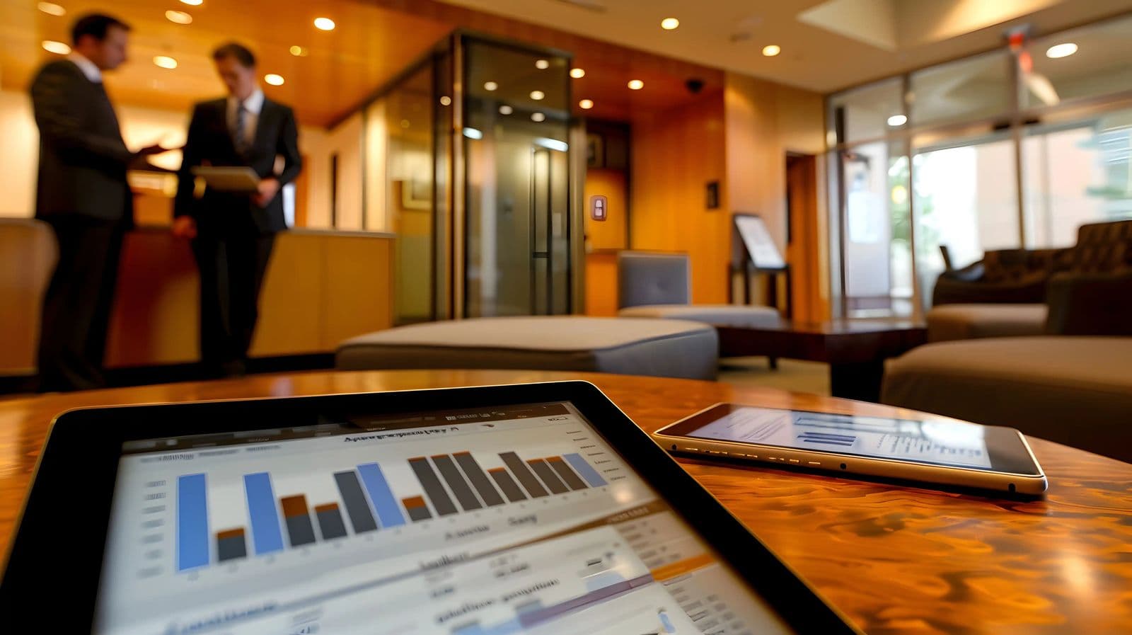 Hotel occupancy and revenue report on a tablet