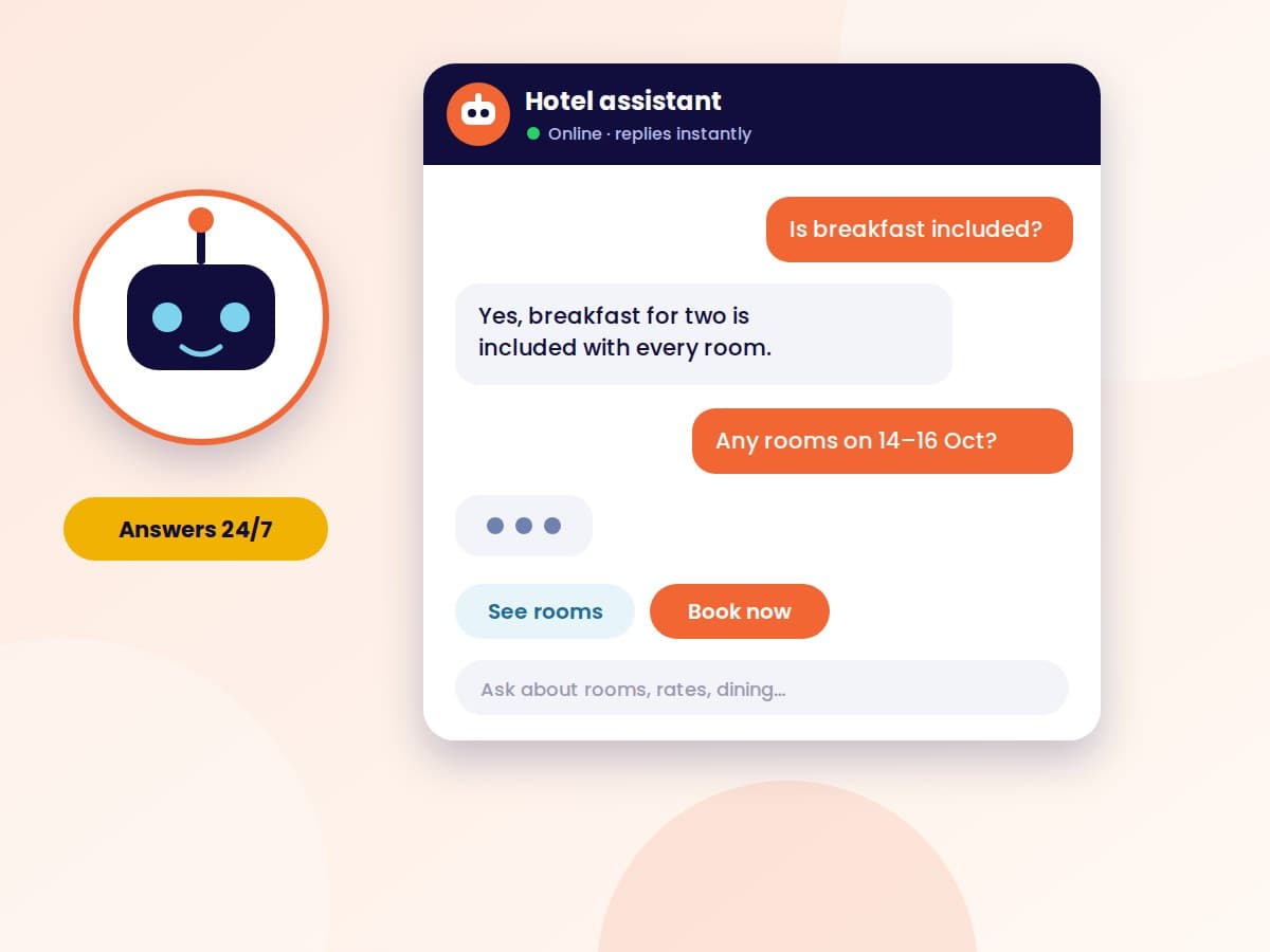 Illustration of a hotel AI chatbot answering a guest's breakfast and room questions
