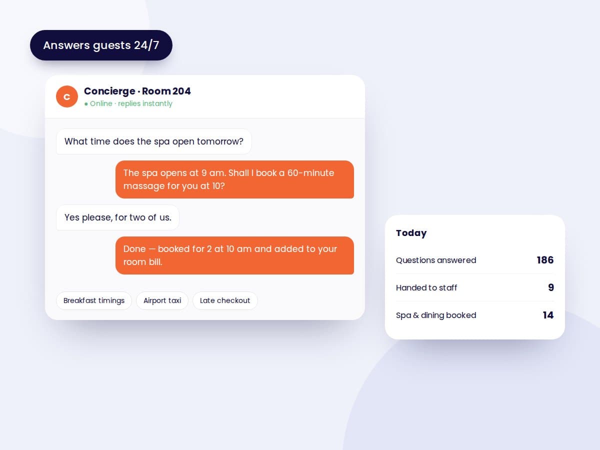 Illustration of the Fielmente AI Concierge answering a guest question and booking a spa slot