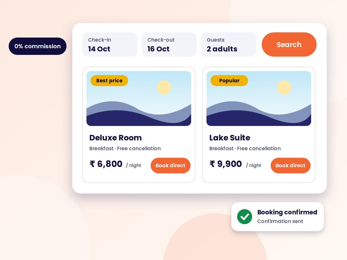 Illustration of a hotel booking engine with dates, room prices and a Book direct button