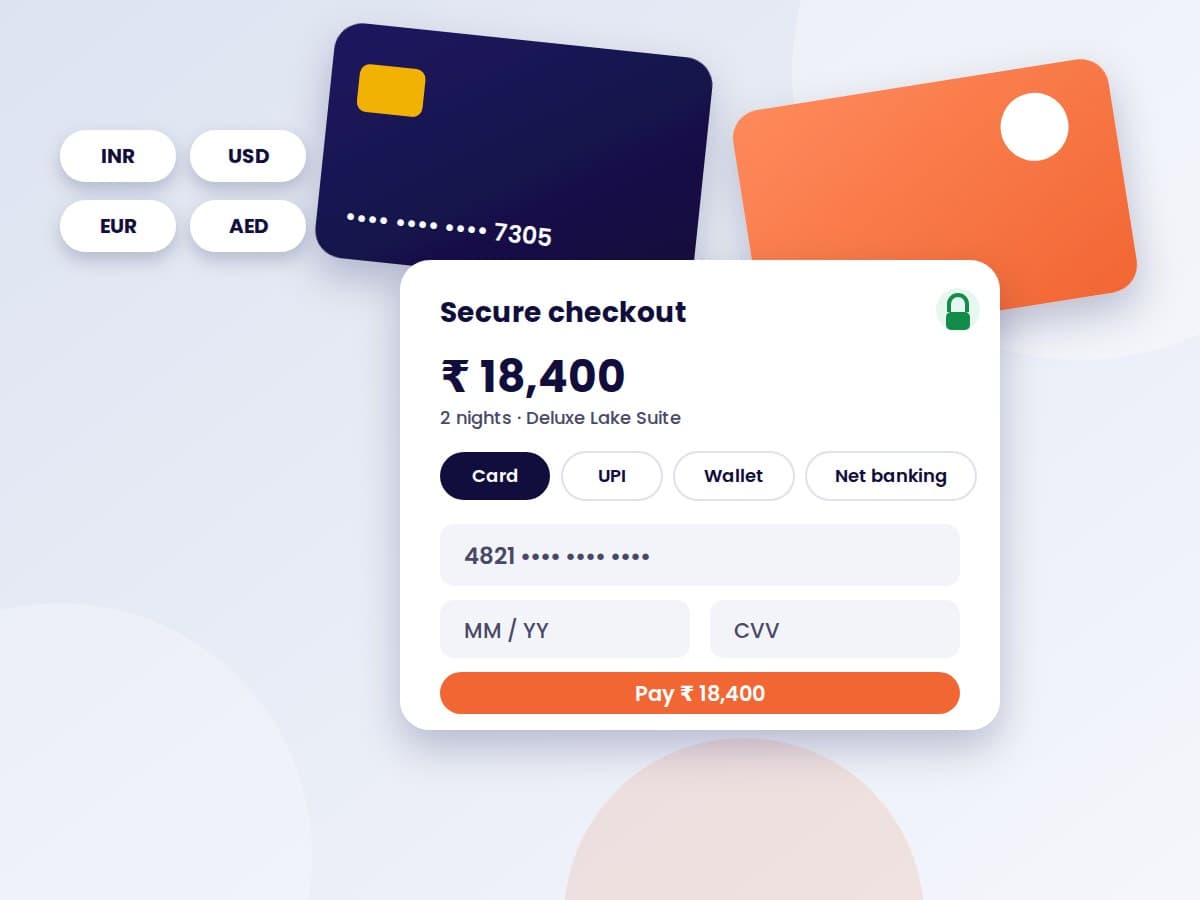 Illustration of a secure hotel payment checkout with card, UPI and multi-currency options