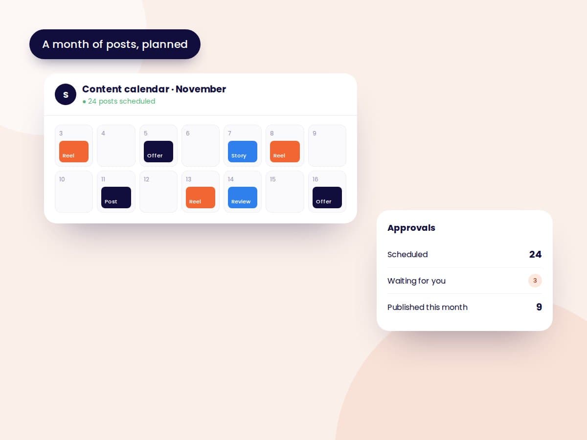 Illustration of the Fielmente social media content calendar for a hotel