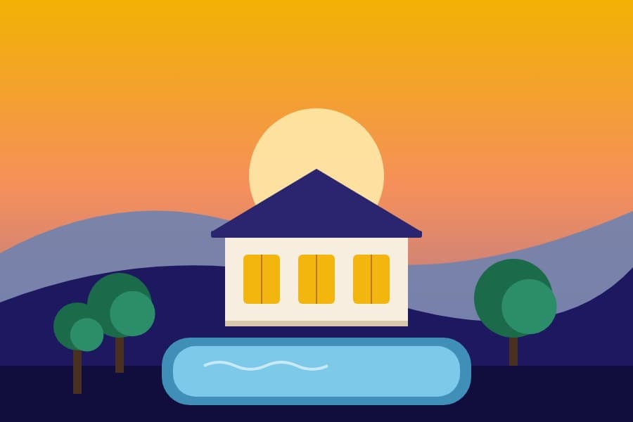 Illustration of a boutique villa with a pool at sunset