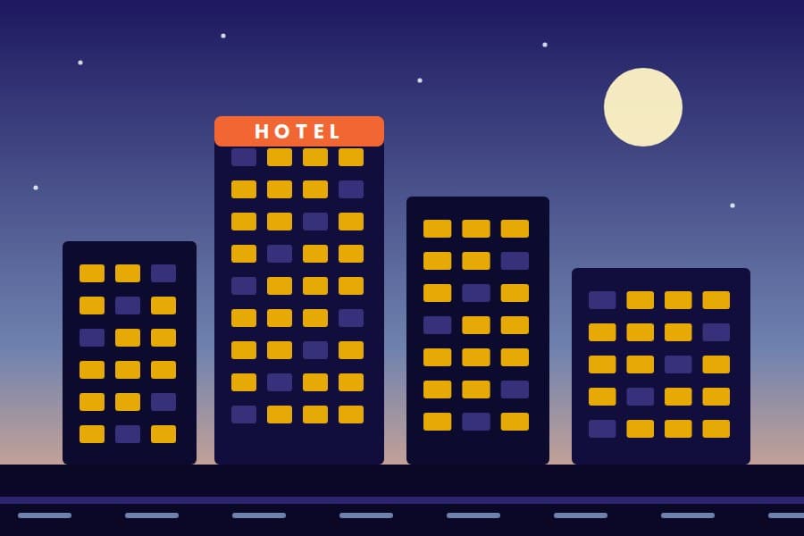 Illustration of a hotel building skyline at dusk