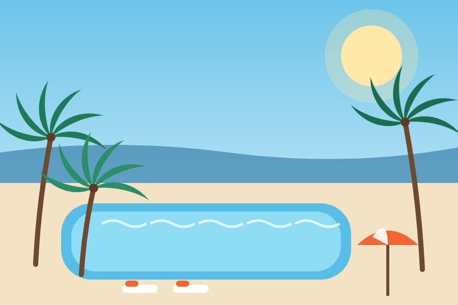 Illustration of a resort pool with palm trees and sun loungers