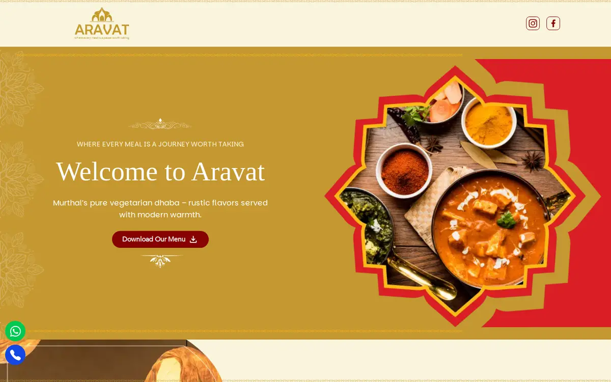 Aravat Pure Vegetarian Dhaba website, desktop view