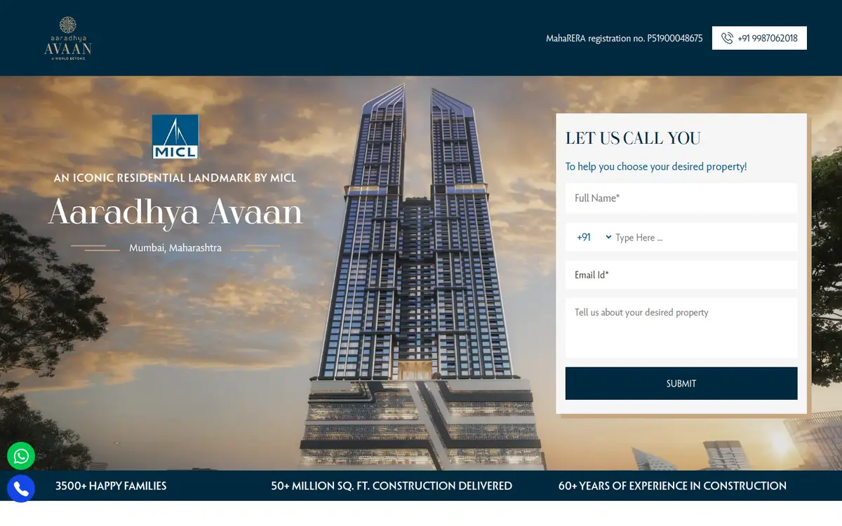 Aaradhya Avaan by MICL website, desktop view
