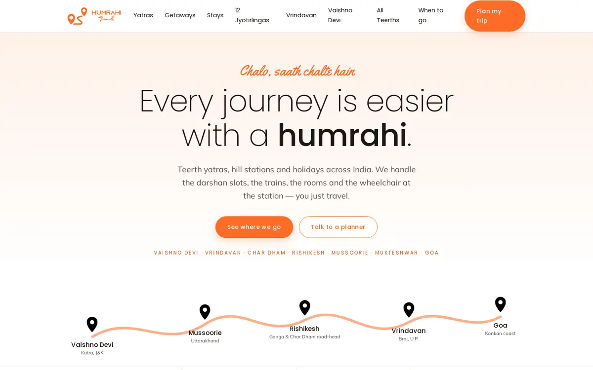 Humrahi Travels website, desktop view