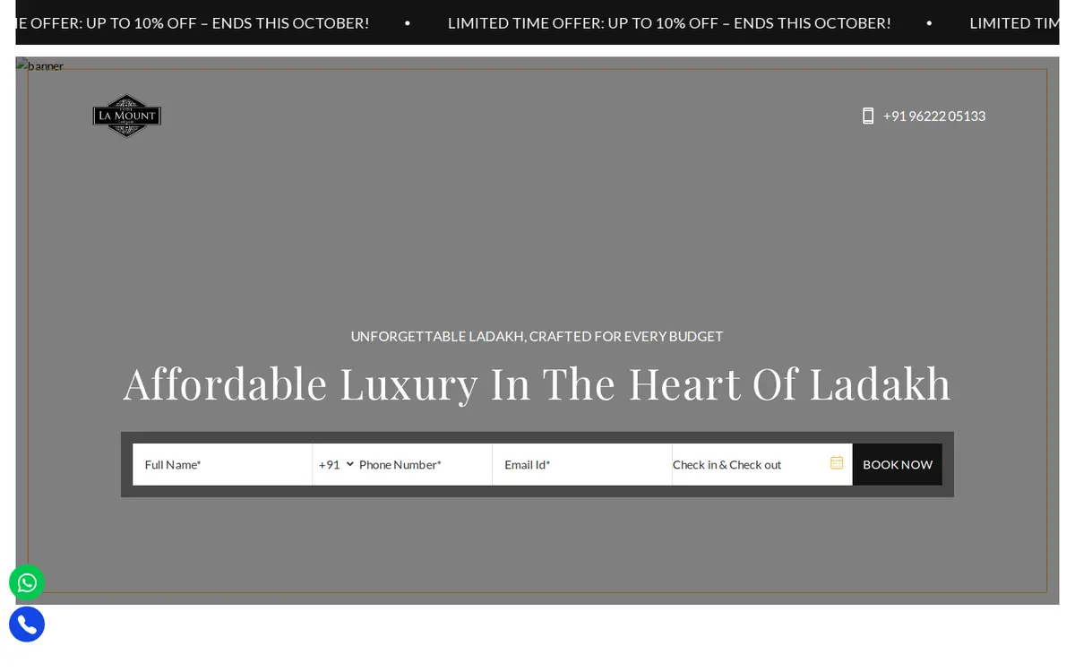Hotel La Mount Ladakh website, desktop view