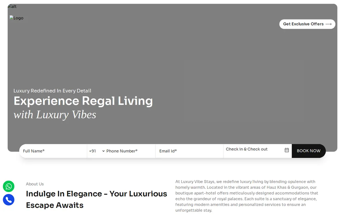 Luxury Vibe Stays website, desktop view