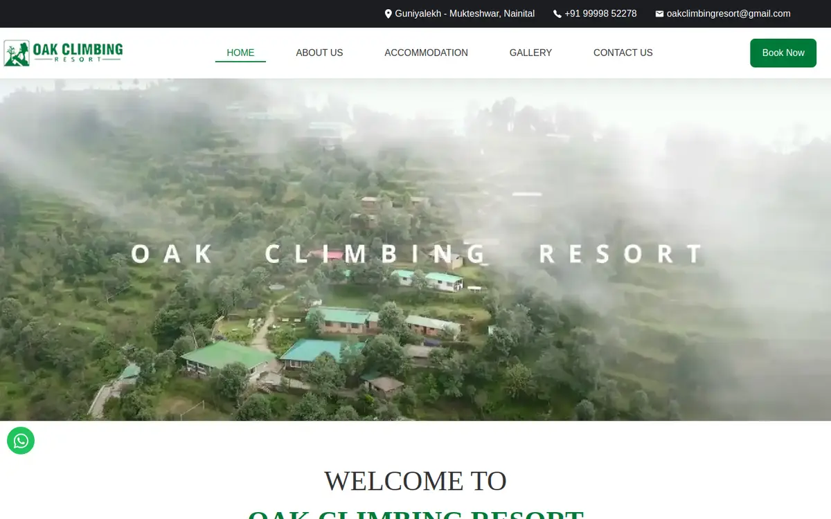 Oak Climbing Resort website, desktop view