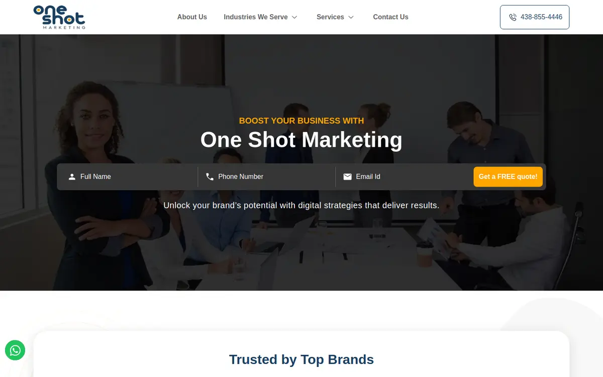One Shot Marketing website, desktop view