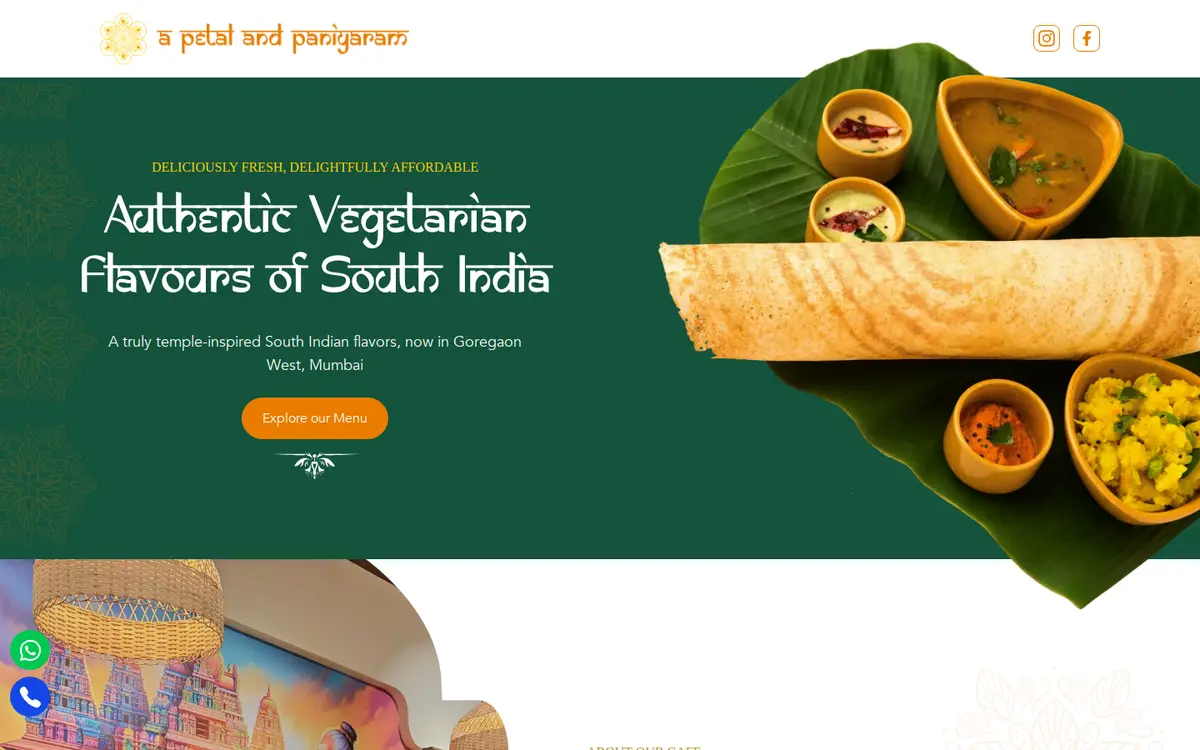 A Petal and Paniyaram website, desktop view