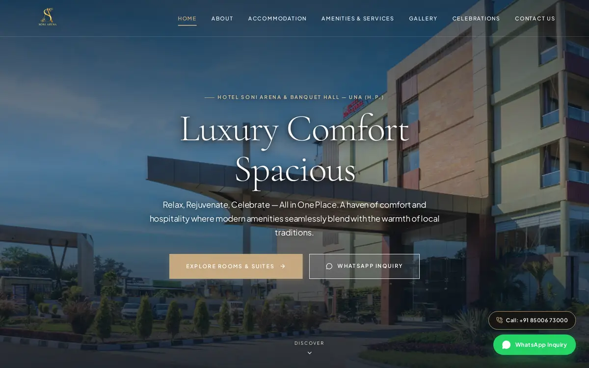 Hotel Soni Arena website, desktop view