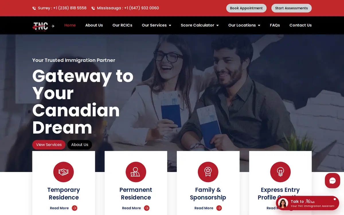 TNC Immigration website, desktop view