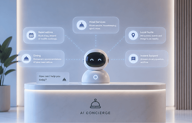 AI concierge answering hotel guest questions on a screen