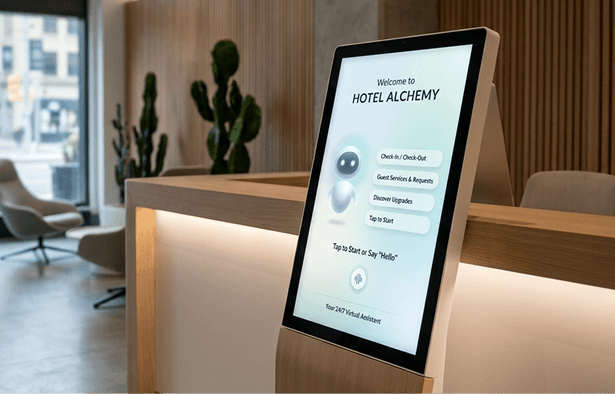 Self-service AI front desk screen in a hotel lobby